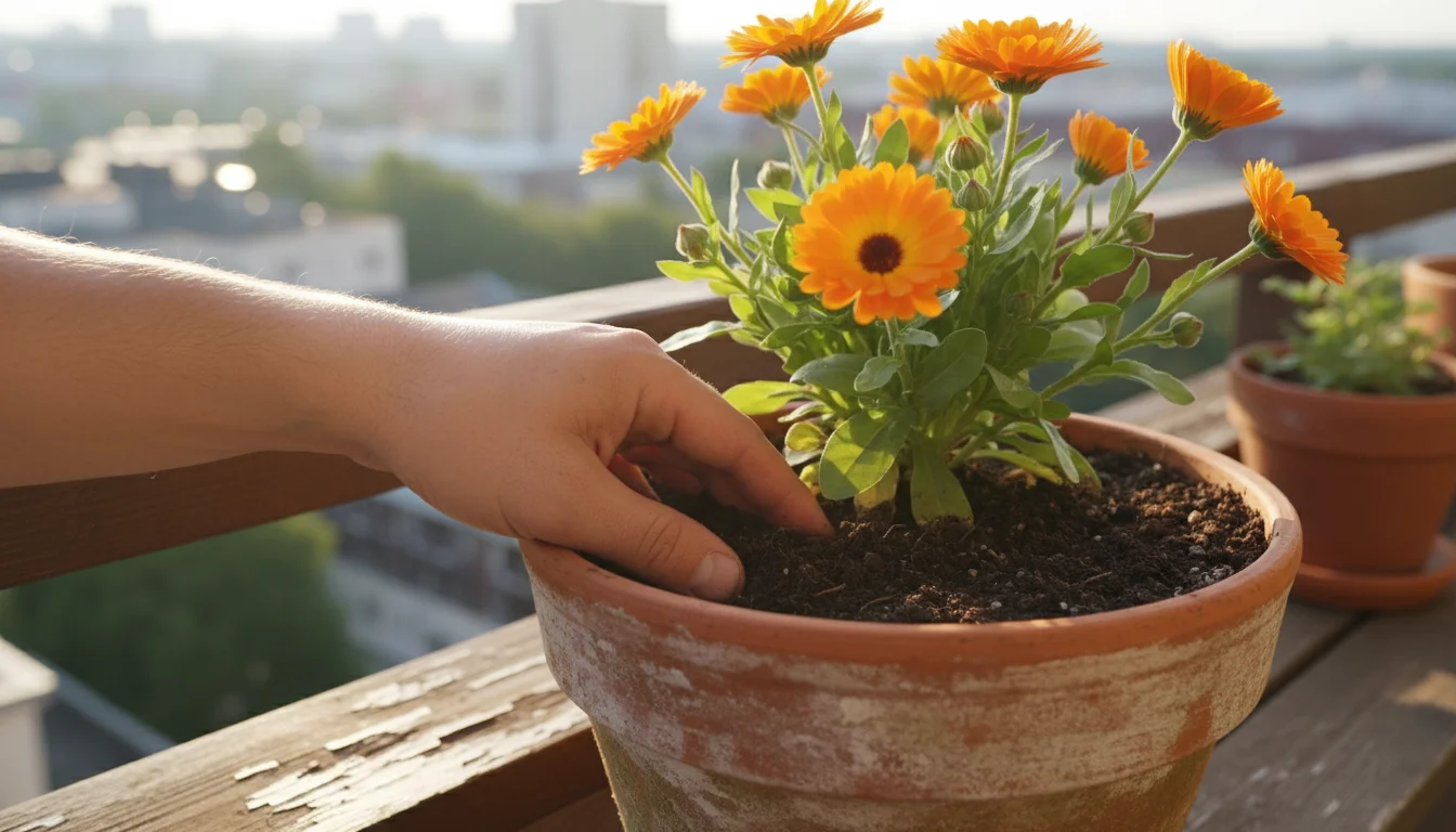 Bare hand checking the topsoil of a vibrant calendula plant in a terracotta pot on a balcony railing, with blurred urban background.