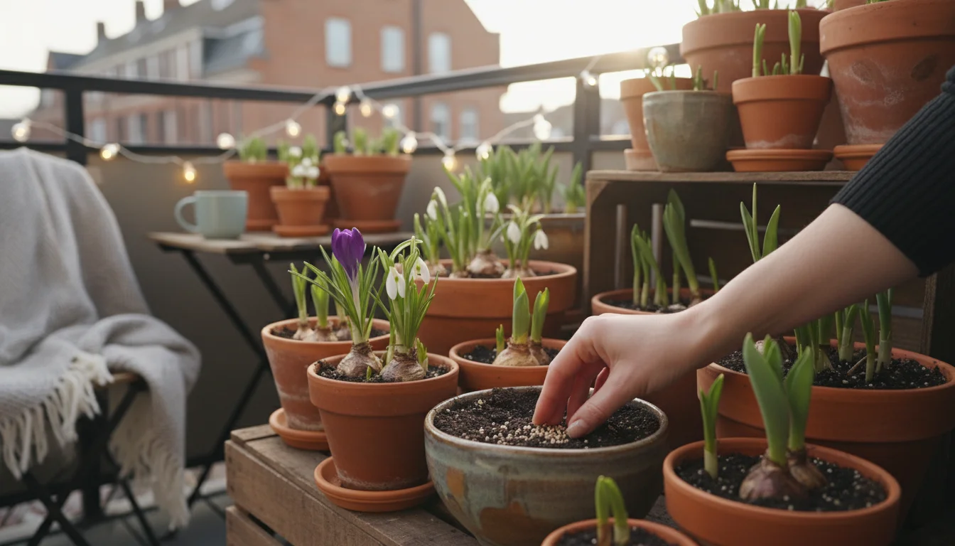 A bare hand mixes light-colored slow-release fertilizer pellets into soil around emerging green bulb foliage in assorted pots on an urban balcony.