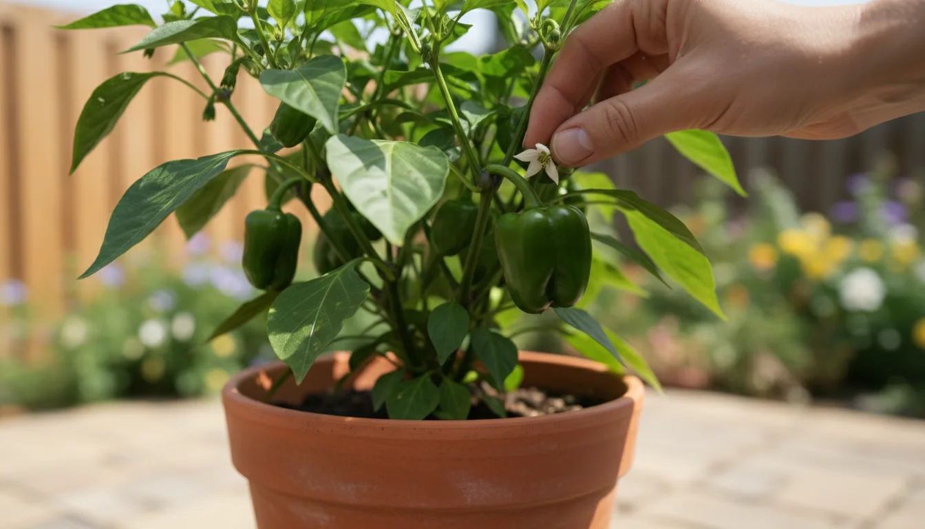Bare hand pinching off a small flower from a potted pepper plant with larger green peppers, set on a compact patio.