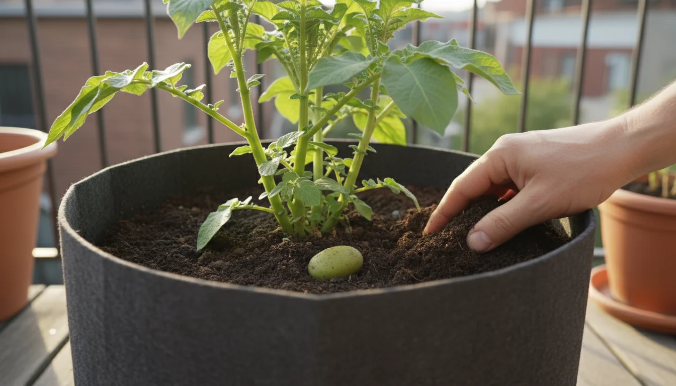 A bare hand gently pushes soil over a small, green-tinged potato tuber peeking from a fabric grow bag on a balcony.