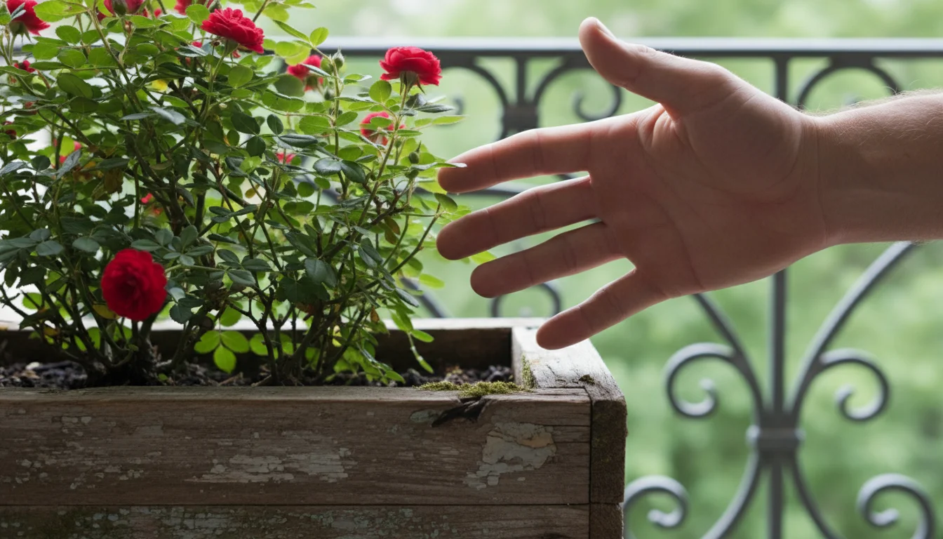 A bare hand reaches near a thorny rose in a rustic wooden planter box; a splinter is visible in the wood.