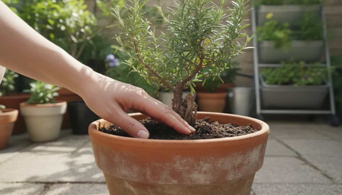 Close-up of a bare hand tending rosemary in a pot on a patio, with a tiny scratch on a finger.