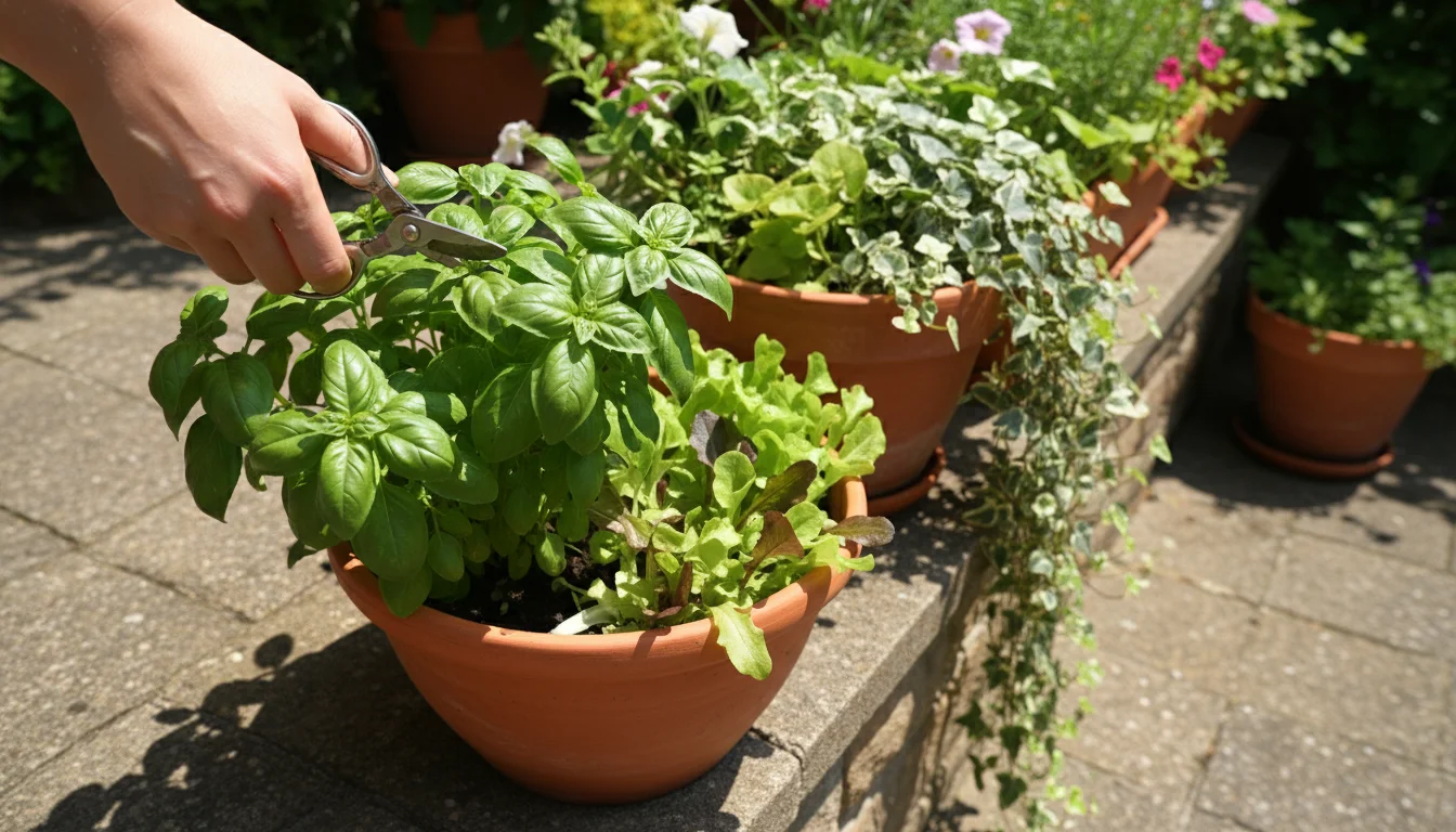 Bare hand snips basil leaves with small pruners from a terracotta pot containing mixed herbs and greens on a sunny patio.