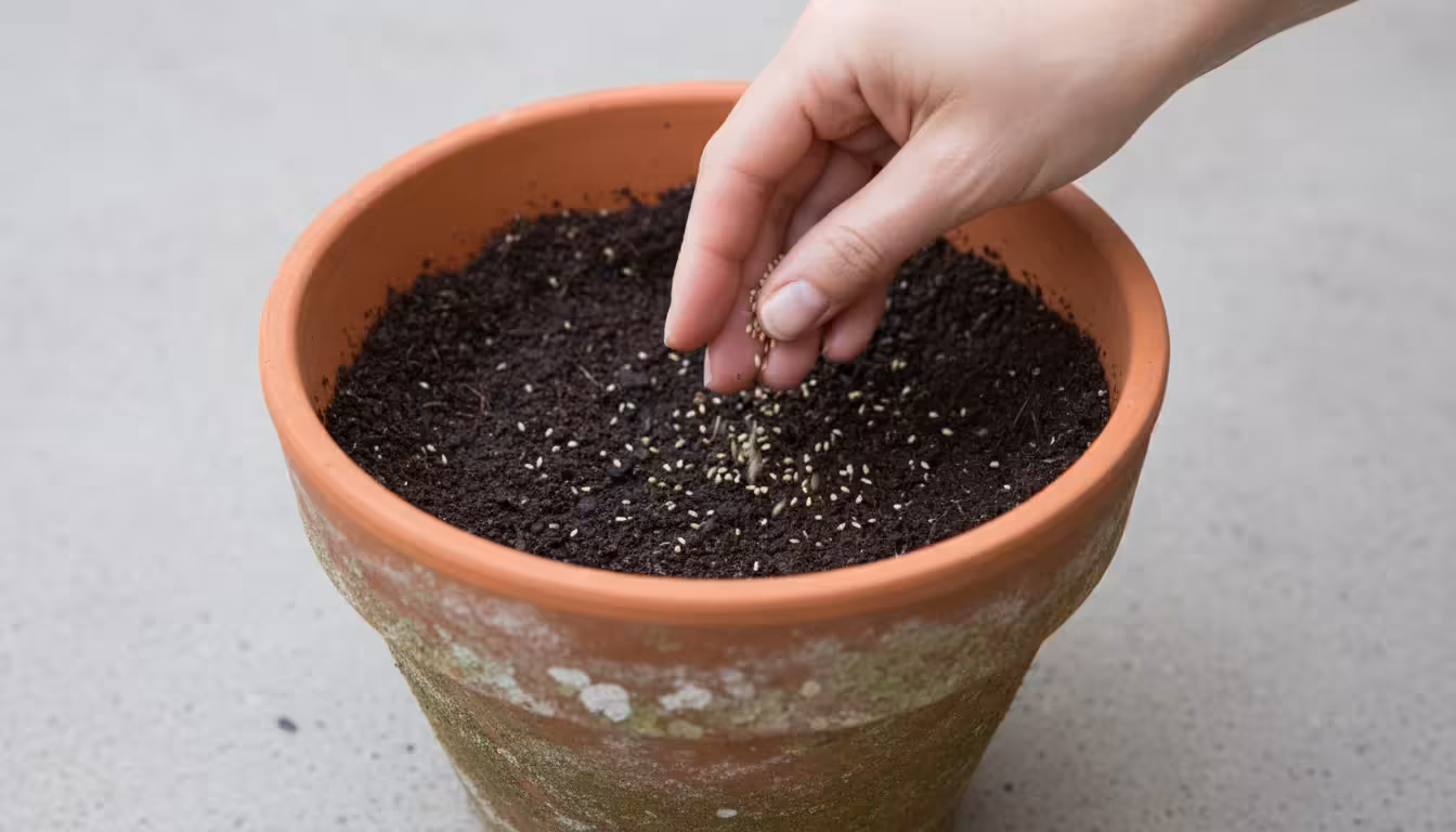 A bare hand sprinkles tiny light-colored seeds over dark soil in a terracotta pot on a wooden table, with blurred fall plants in the background.