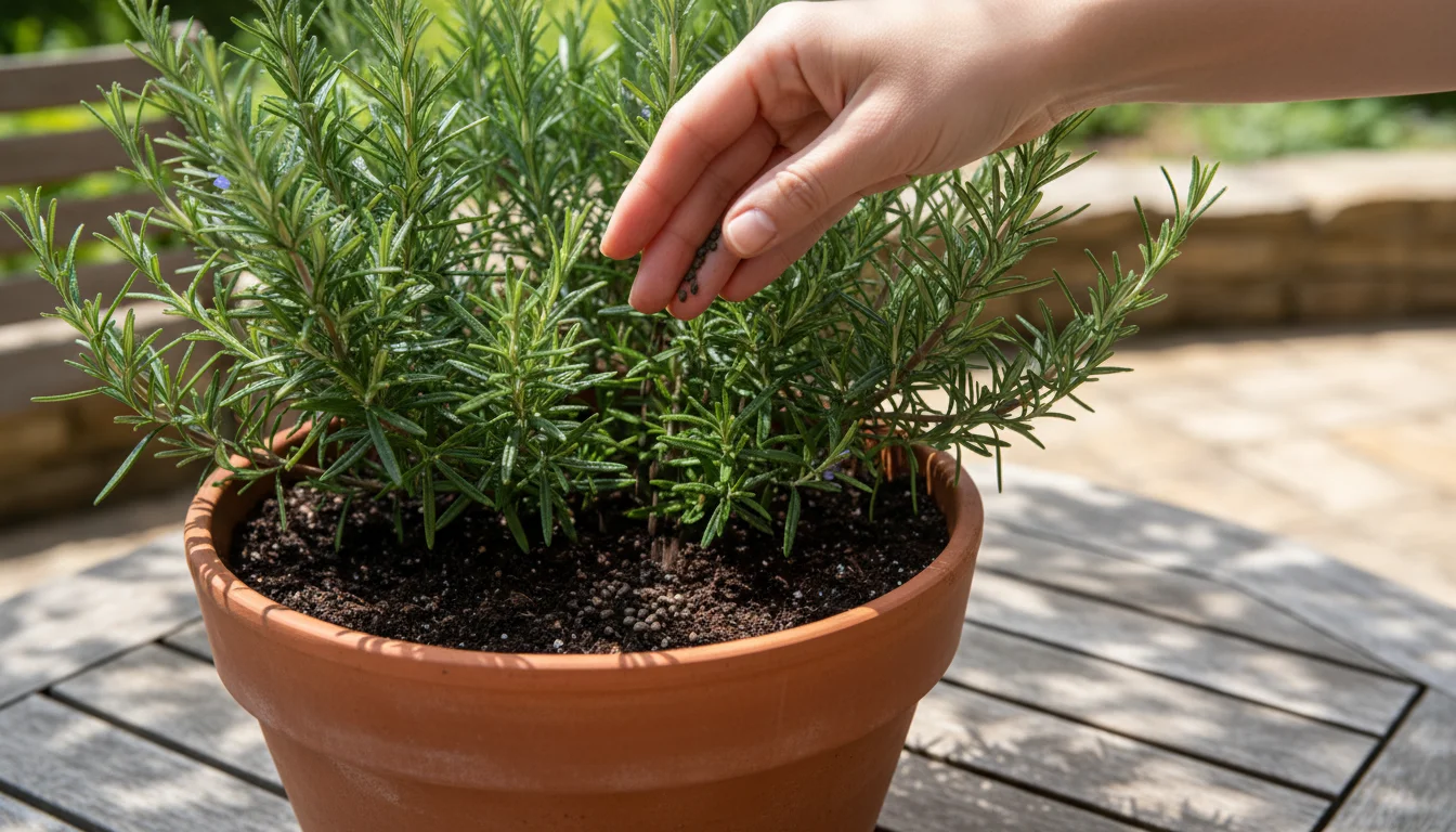 Close-up of a bare hand gently sprinkling dark granular organic fertilizer onto the soil of a healthy rosemary plant in a terracotta pot.