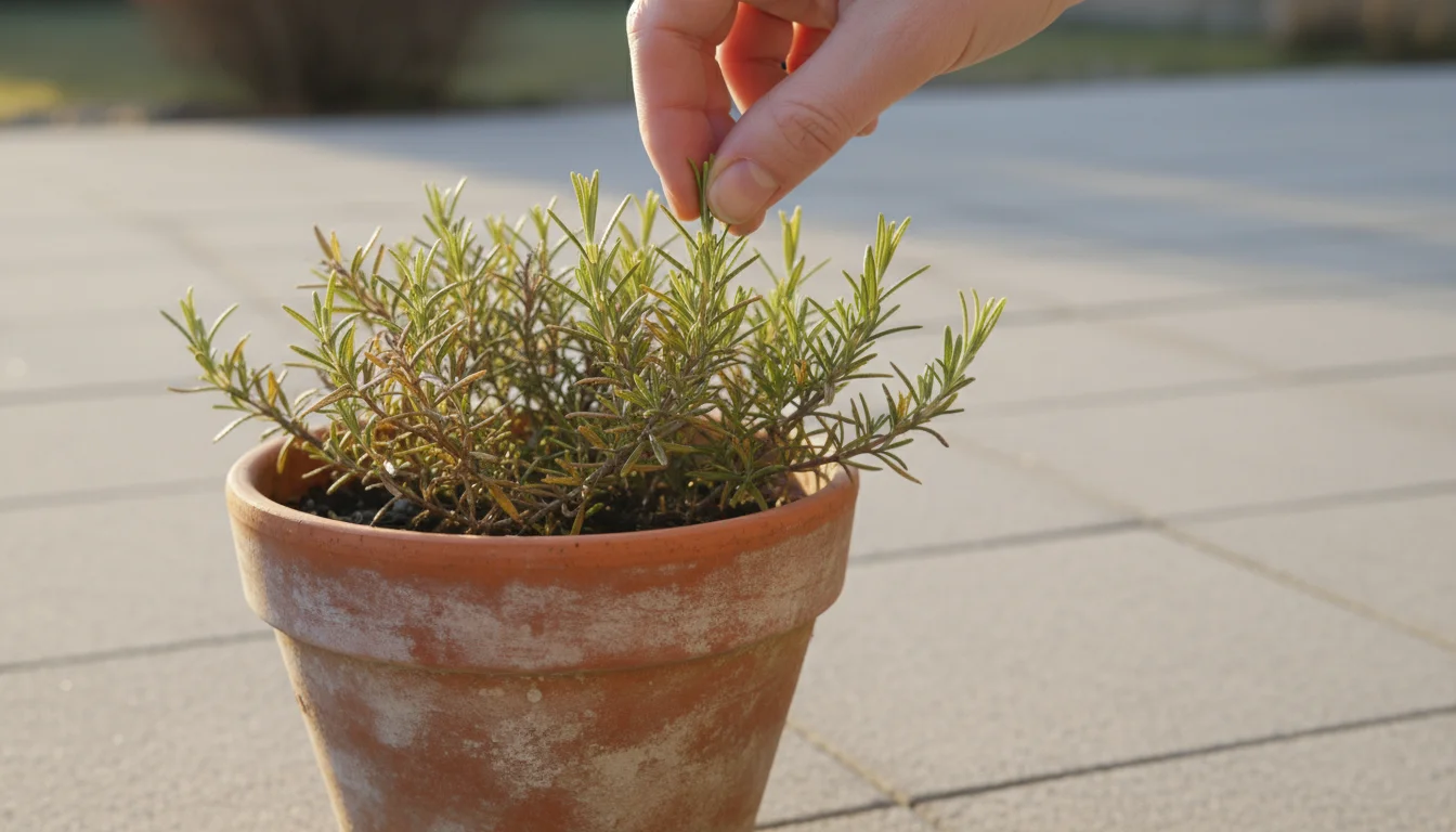 Bare hand gently touches the topsoil of a rosemary plant in a terracotta pot, checking moisture on a patio surface.