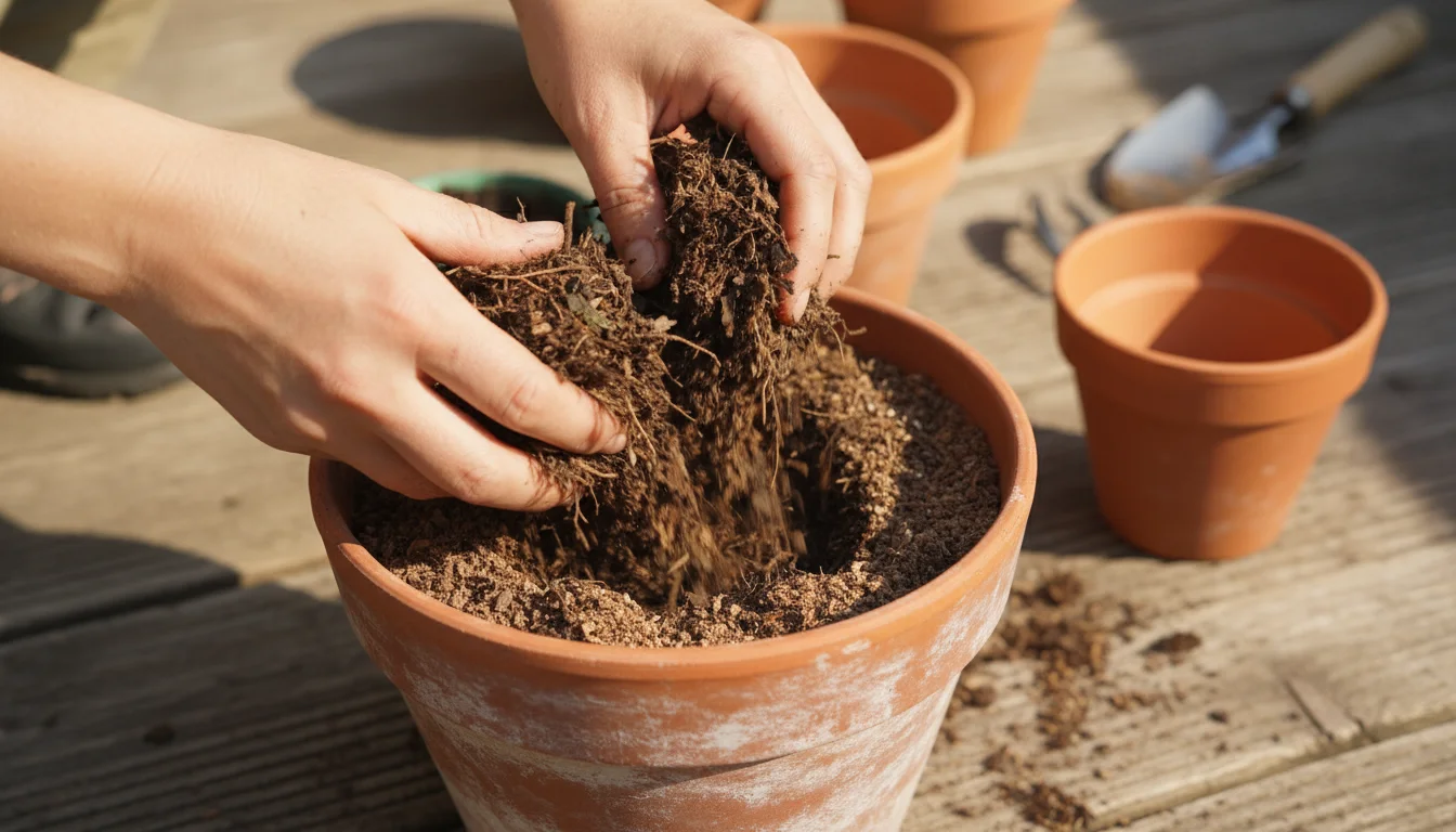 Bare hands crumble dark, fibrous leaf mold into a terracotta pot on a wooden patio, showing its earthy texture.