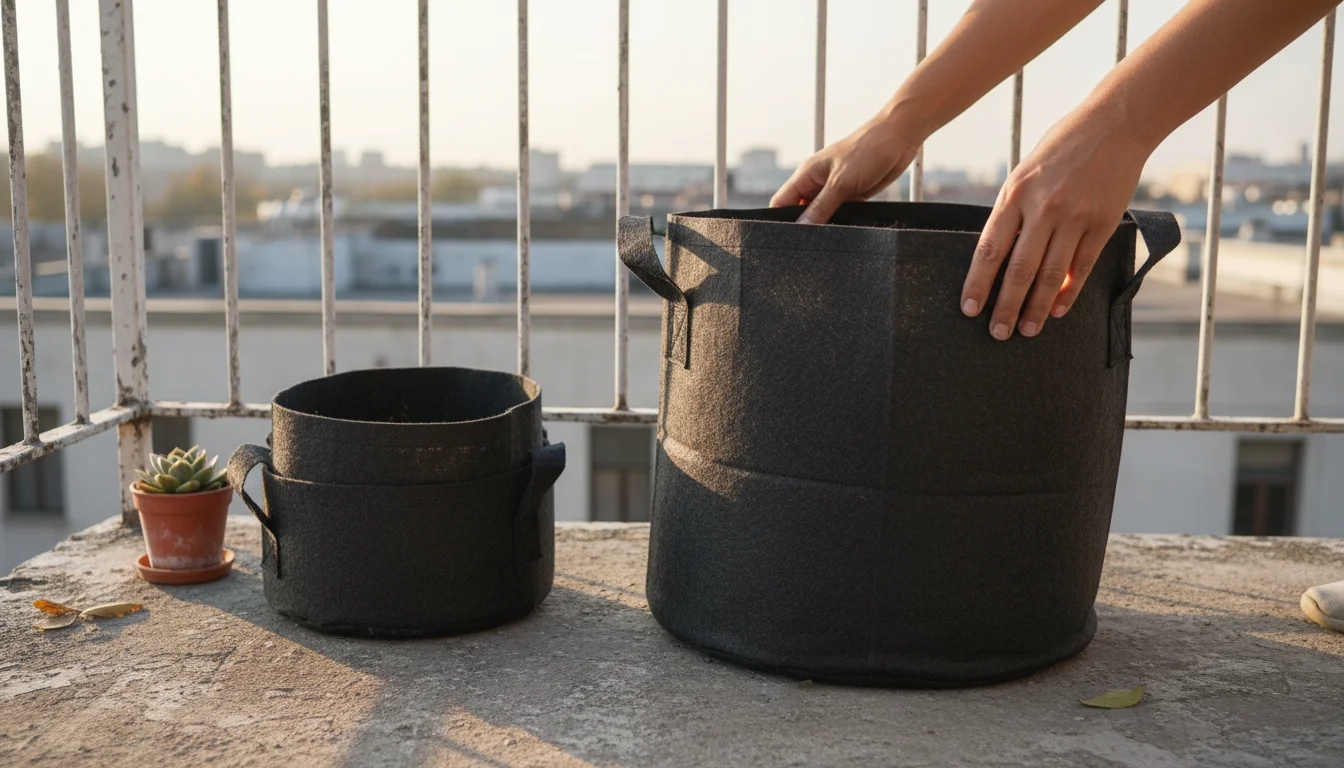 Bare hands examine the thick fabric of a dark, empty 15-gallon potato grow bag on a small urban balcony, with two 10-gallon bags stacked nearby.