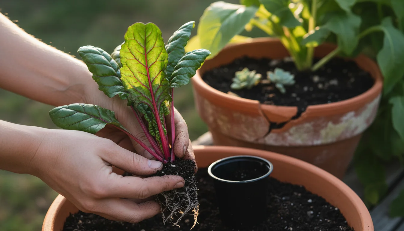 Close-up of bare hands gently inspecting the healthy white root ball of a young Swiss chard plant start on a balcony.
