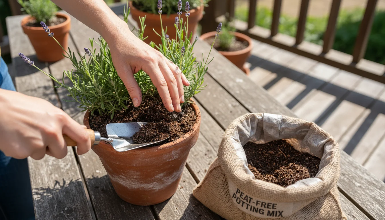 Bare hands tending a lavender plant in a terracotta pot on a patio table, replacing old soil with fresh potting mix under warm spring light.