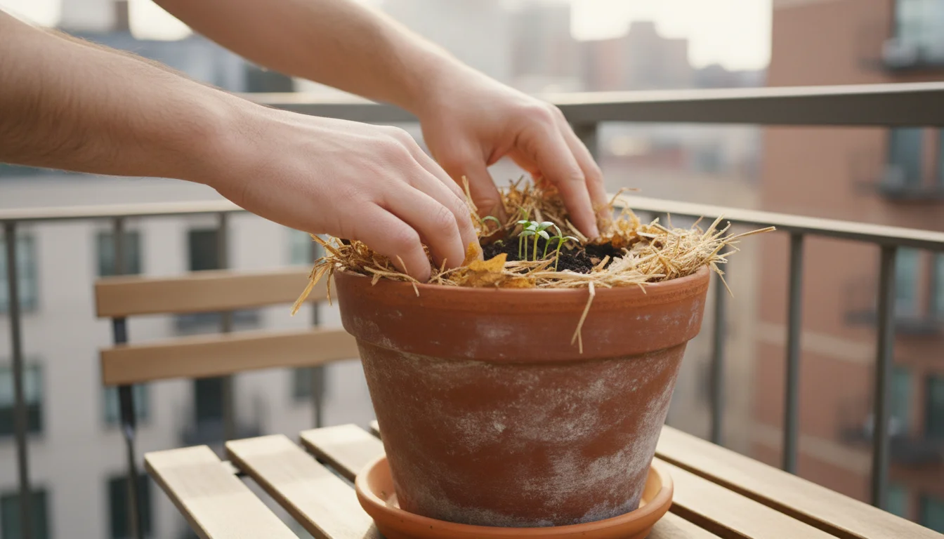 Bare hands gently move dry leaves and straw from a terracotta pot, revealing tiny green plant shoots on a balcony.