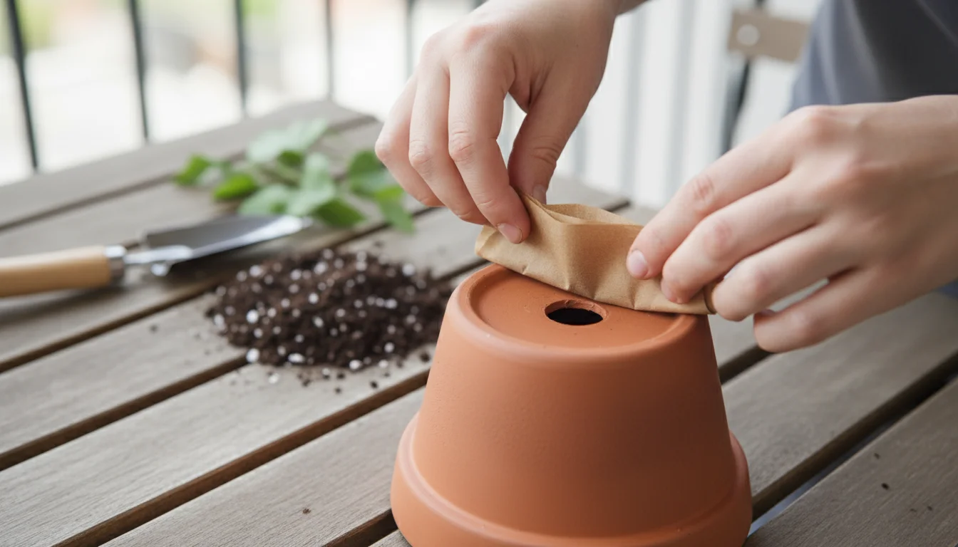 Bare hands placing a coffee filter inside a terracotta pot to cover the drainage hole, on a wooden balcony table with gardening tools.