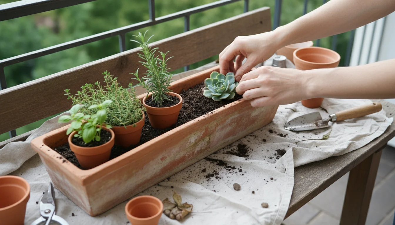 Bare hands carefully placing an Echeveria succulent into a rustic terracotta trough on a protected wooden potting bench on a balcony.