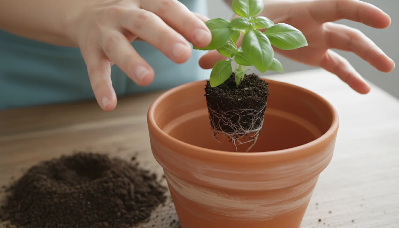 Bare hands gently plant a small green basil seedling into a clean, empty terracotta pot on a wooden surface.