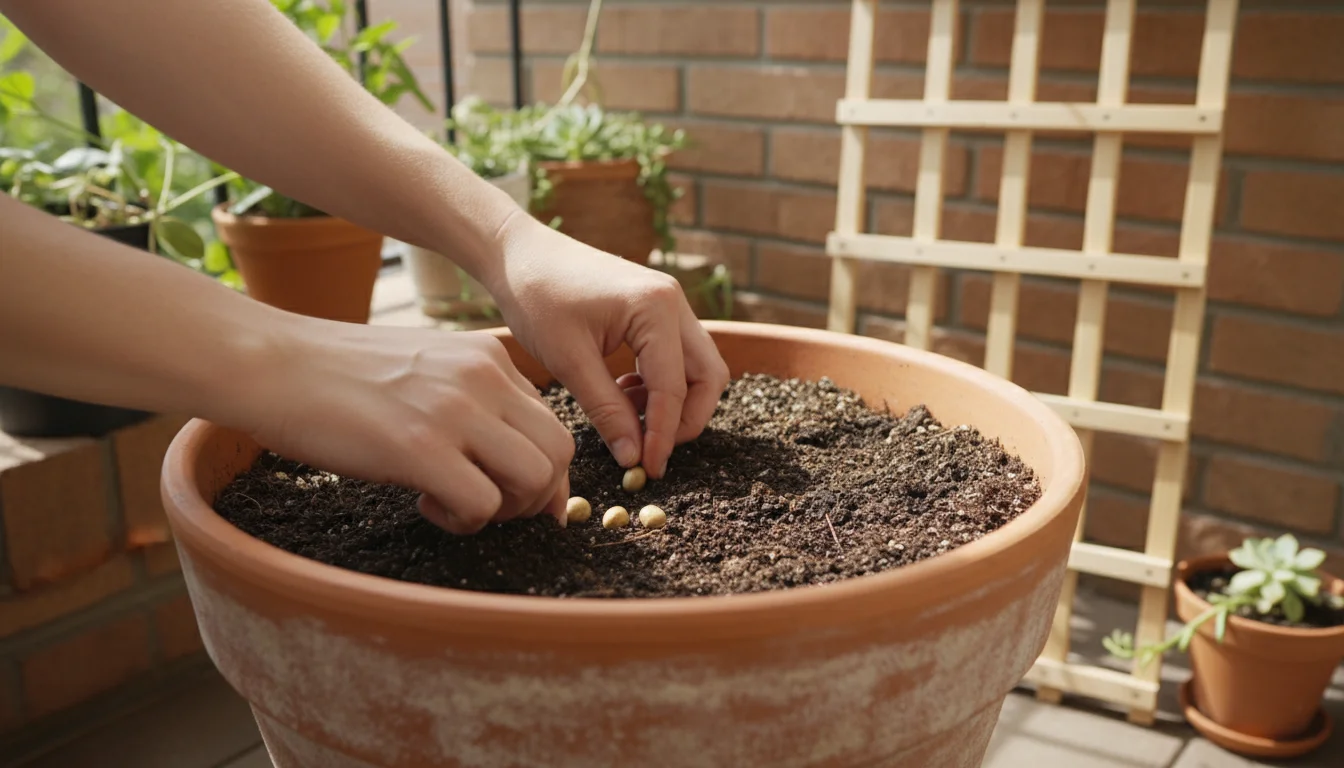 Bare hands gently plant sugar snap pea seeds into moist soil in a terracotta pot on a sunlit balcony, with a DIY trellis blurred in background.