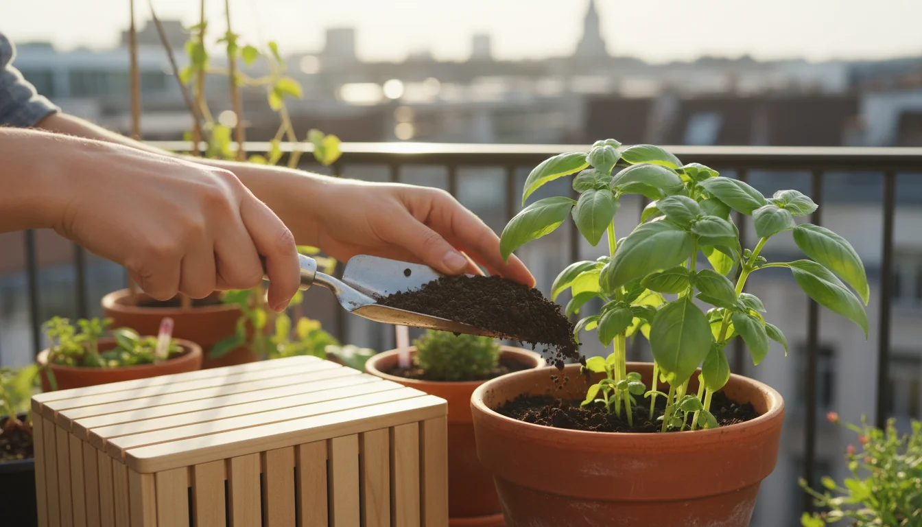 Bare hands scoop dark, rich worm castings from a modern wooden worm bin into a terracotta pot holding green basil on a sunny urban balcony.