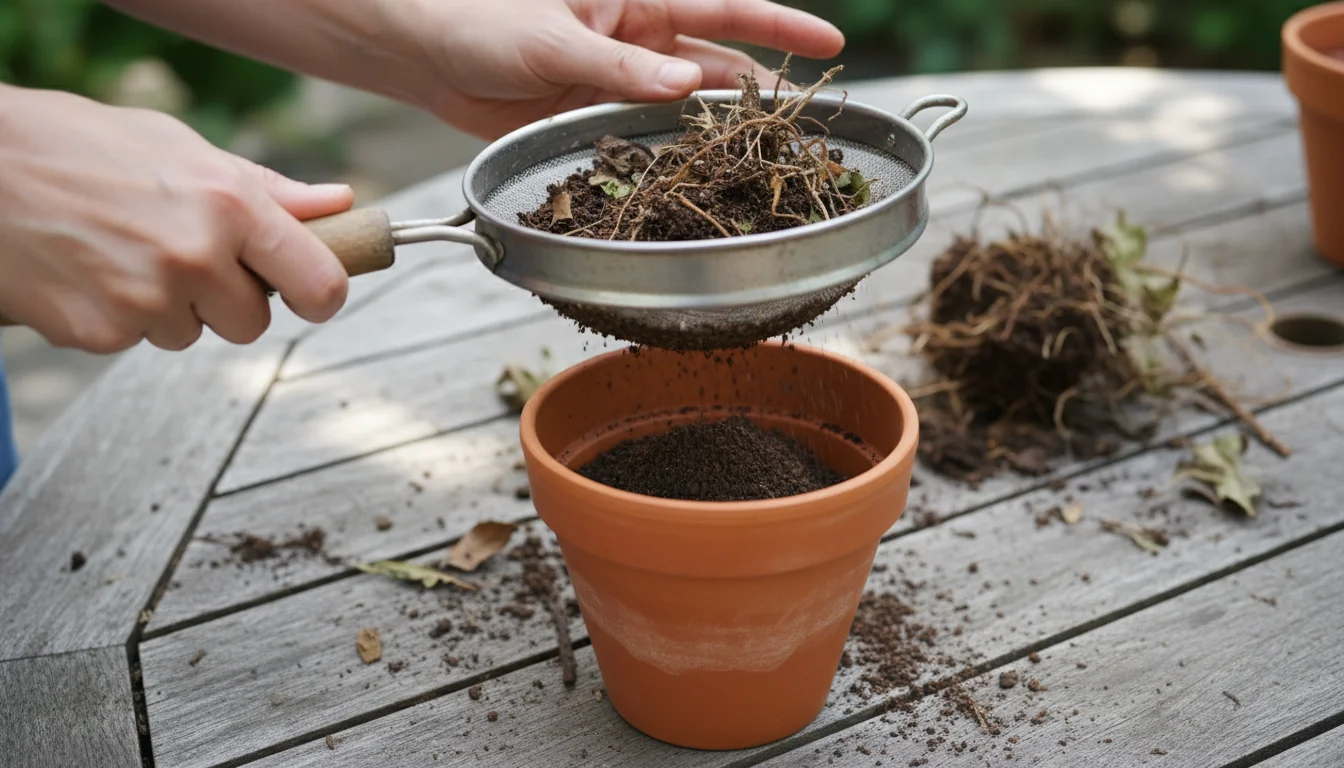 Bare hands sifting used potting soil through a small garden sieve on a patio table, catching roots and debris while clean soil falls into a pot.