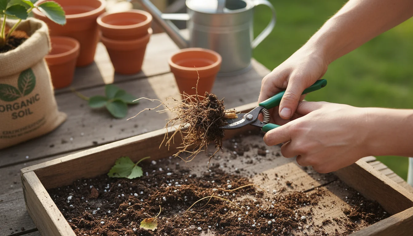 Bare hands trim long, tangled roots of a bare-root strawberry plant with small green scissors over a wooden tray.