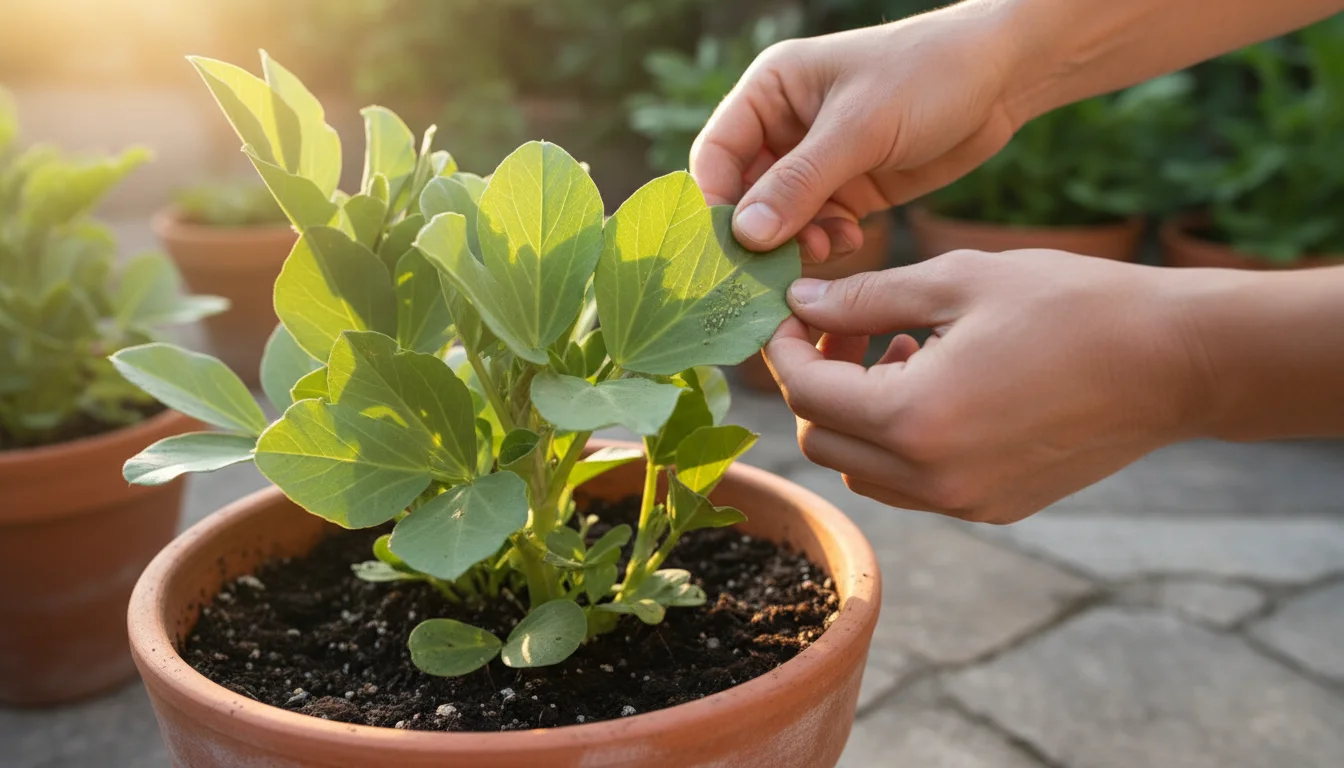 Bare hands gently turning a fava bean leaf in a terracotta pot, revealing a tiny pest or trail on the underside.