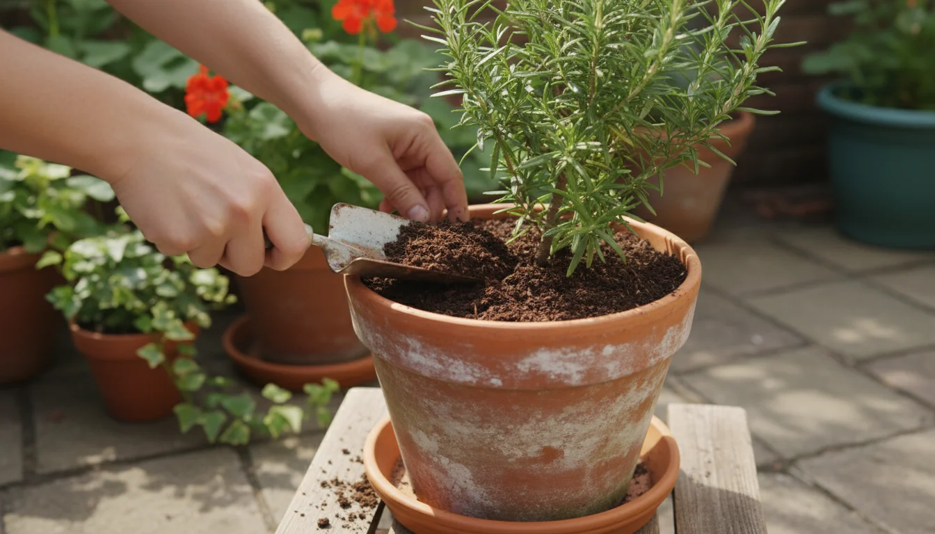 Bare hands using a small trowel to mix dark compost into the topsoil of a rosemary plant in a weathered terracotta pot on a sunny patio.