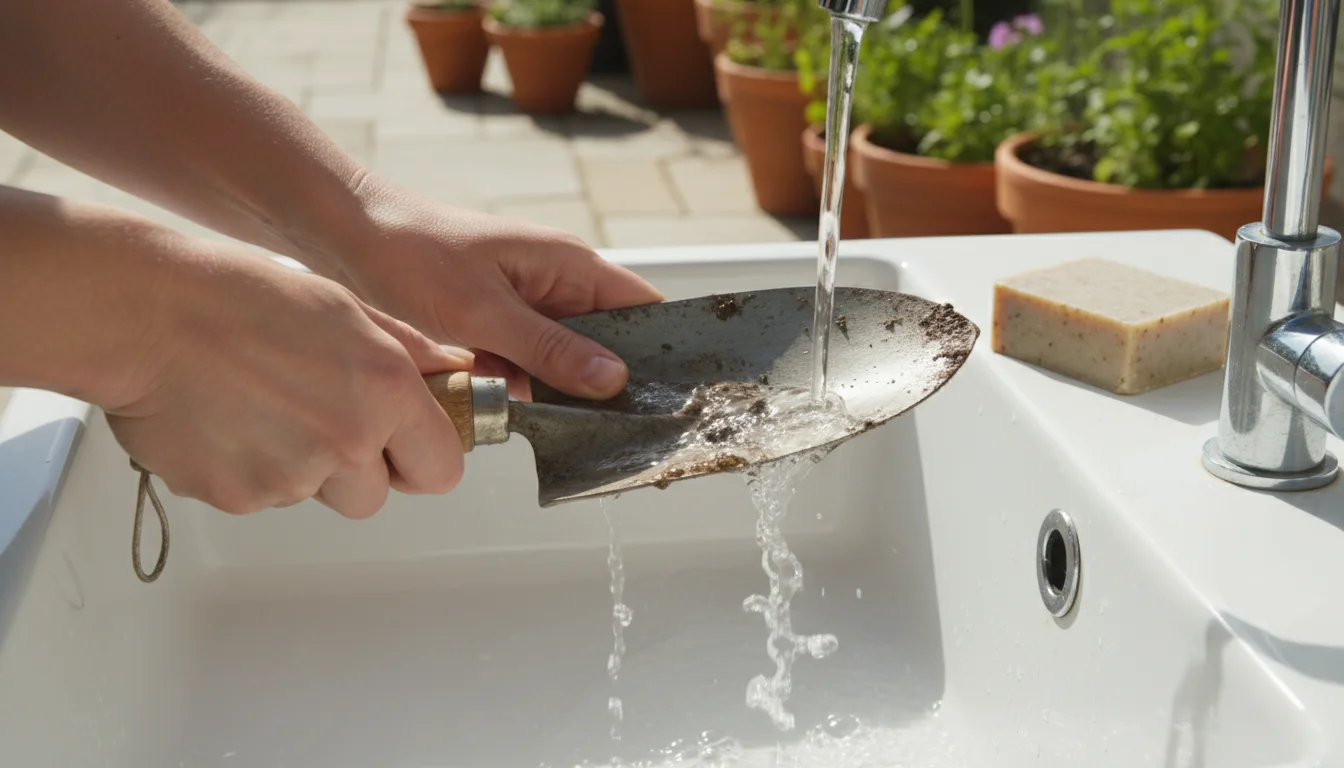 Bare hands washing a metal potting trowel under running water in a utility sink with a bar of soap nearby.