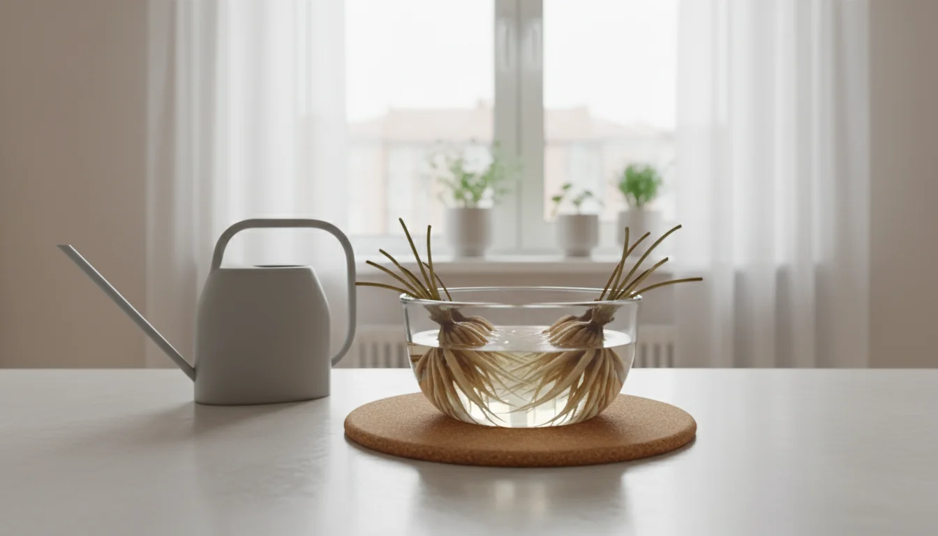 Bare-root strawberry plants soaking in a clear glass bowl of water on a minimalist kitchen counter, next to an empty window box.