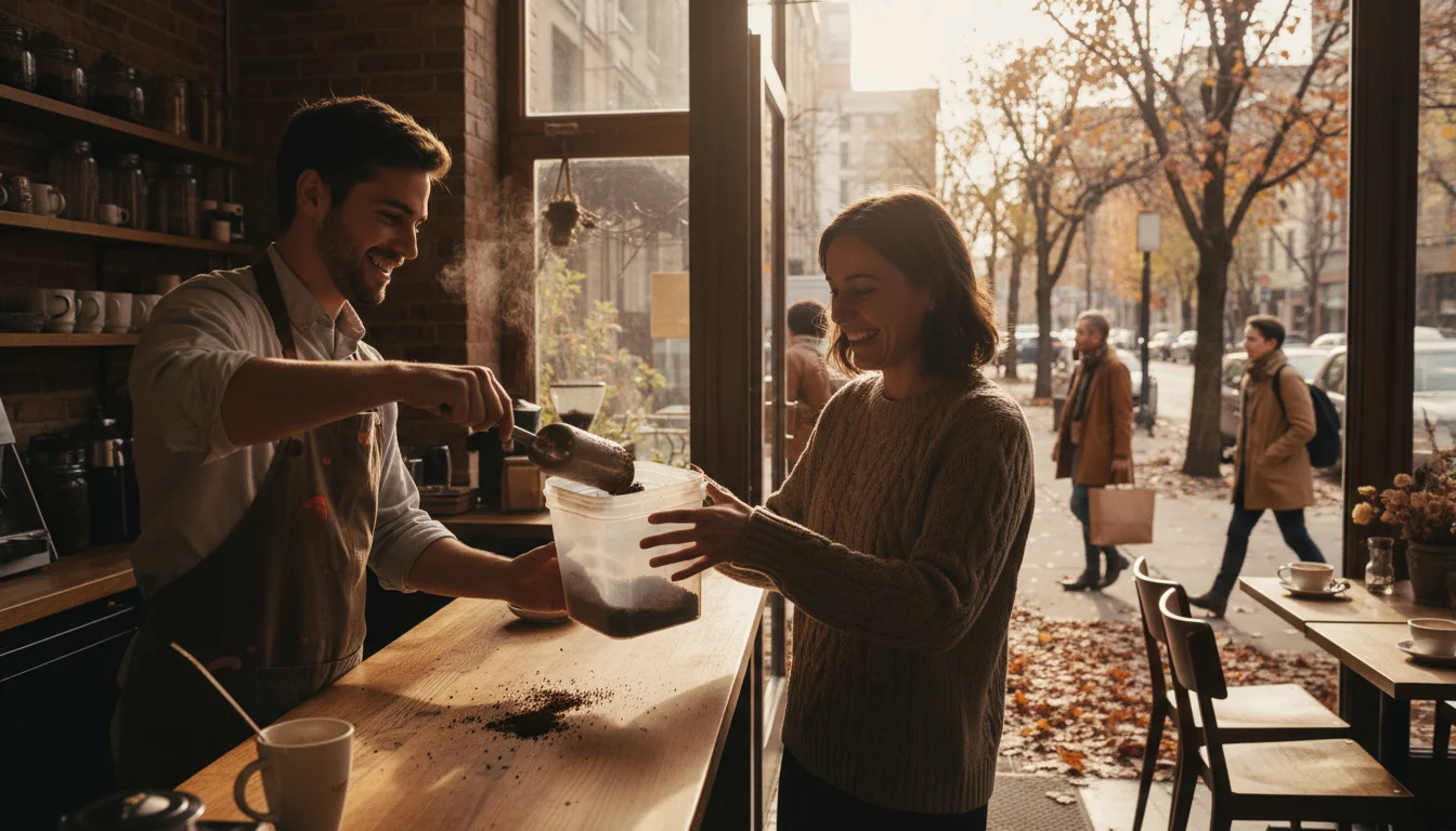 A barista hands a customer a container of spent coffee grounds at a sunlit urban coffee shop.