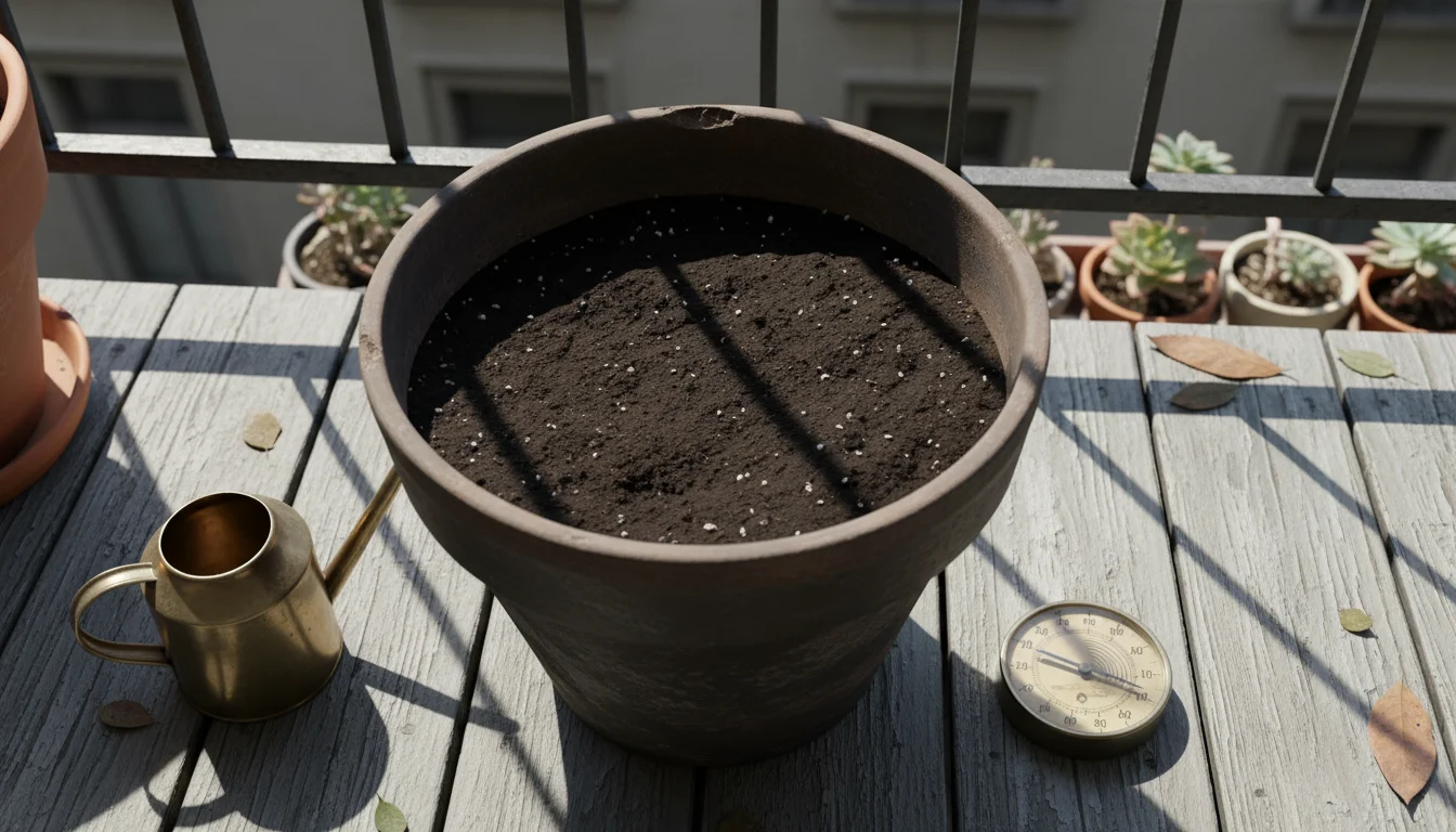 Overhead view of a barren terracotta pot on a weathered balcony floor, with a soil thermometer showing low temperature, next to a watering can.