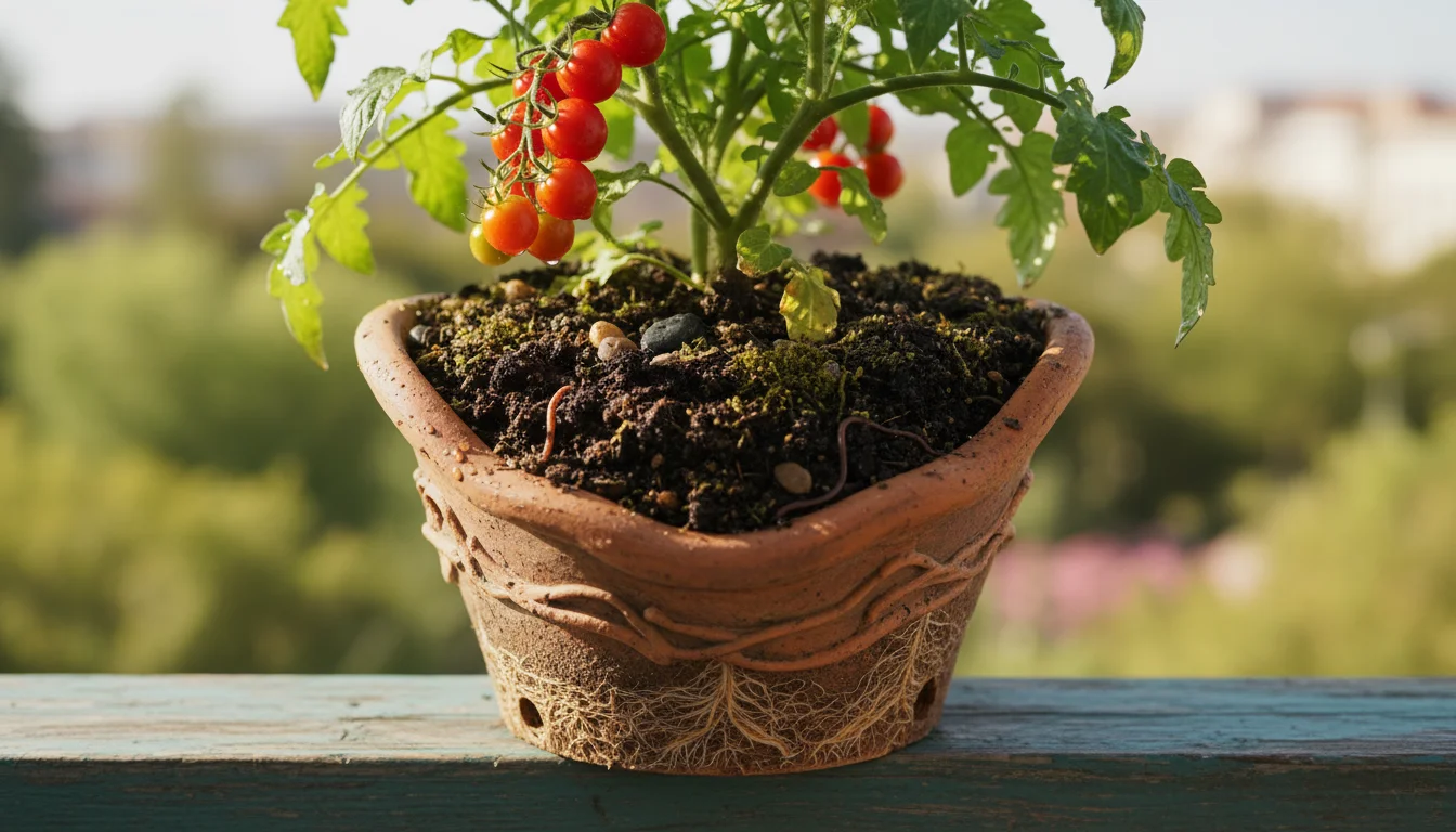 Close-up of the base of a vibrant cherry tomato plant in a terracotta pot, showing rich, dark worm casting-enriched soil and healthy green leaves.