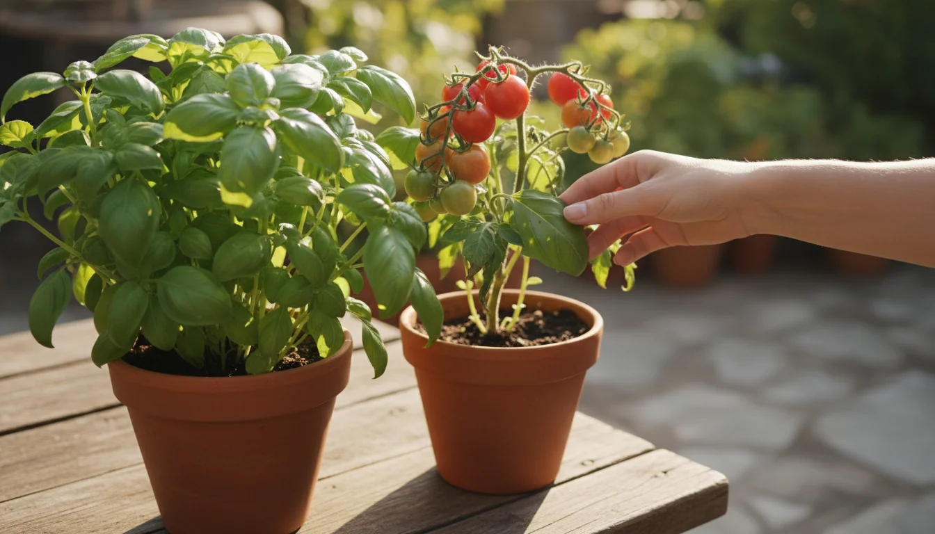 Close-up of basil and cherry tomato plants growing together in terracotta pots on a patio table, a hand gently touching basil.