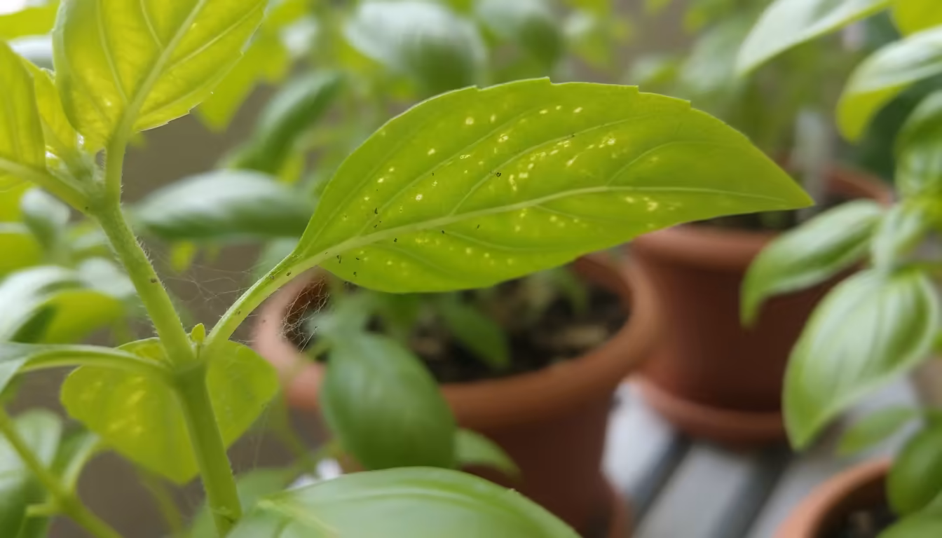 Close-up of a basil leaf from a potted plant, showing faint yellow stippling and delicate webbing, indicative of spider mite activity.
