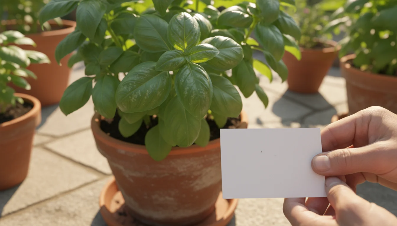 Close-up of basil leaves in a container, showing silvery thrips damage, with hands holding a white card underneath for inspection.