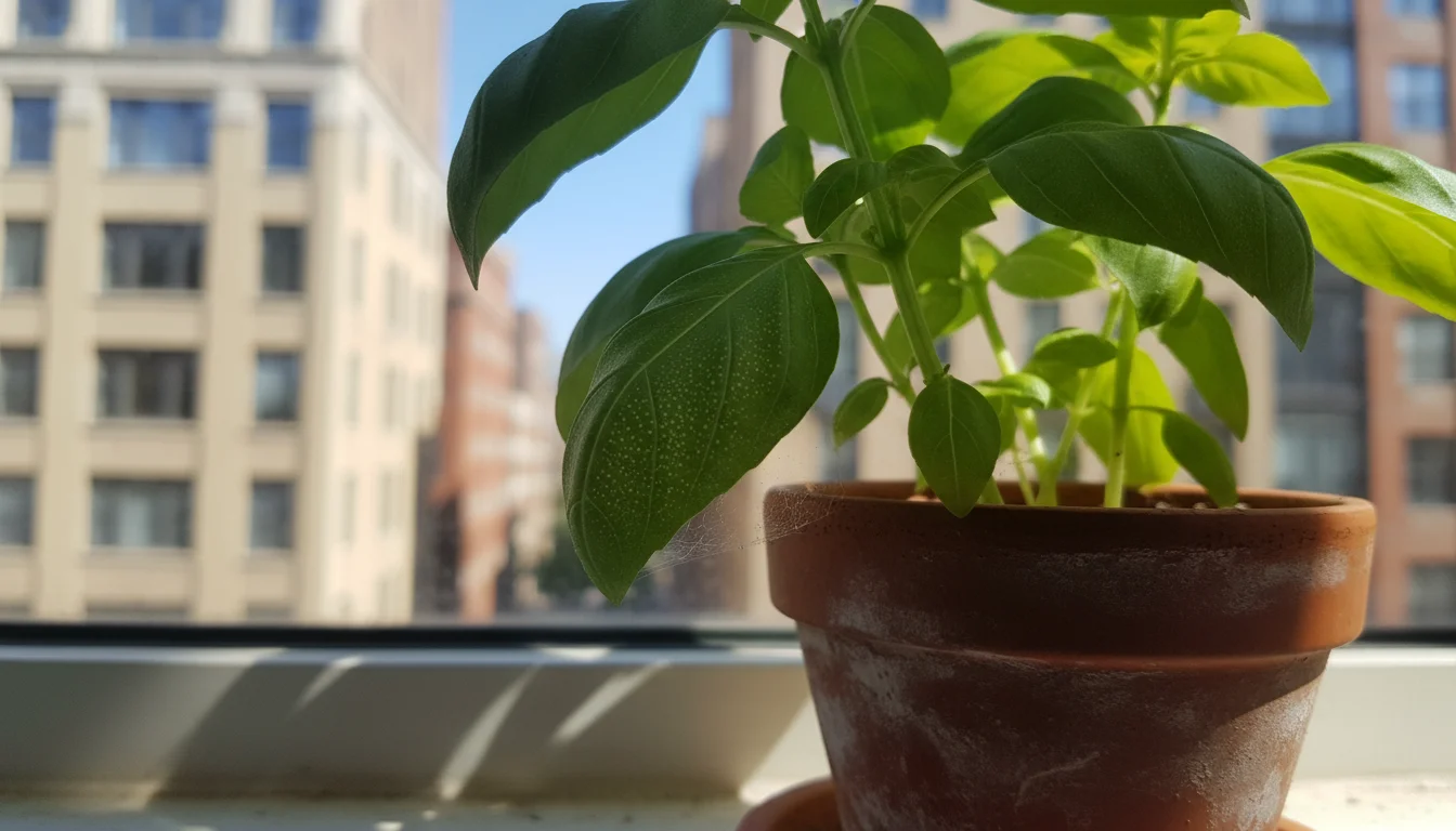 Close-up of a basil plant leaf showing subtle pale stippling and faint webbing, signs of early spider mites, on an urban windowsill.