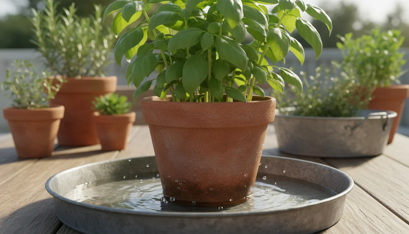 A basil plant in a terracotta pot absorbing water from a weathered metal tray on a sun-dappled patio table, demonstrating efficient bottom watering.
