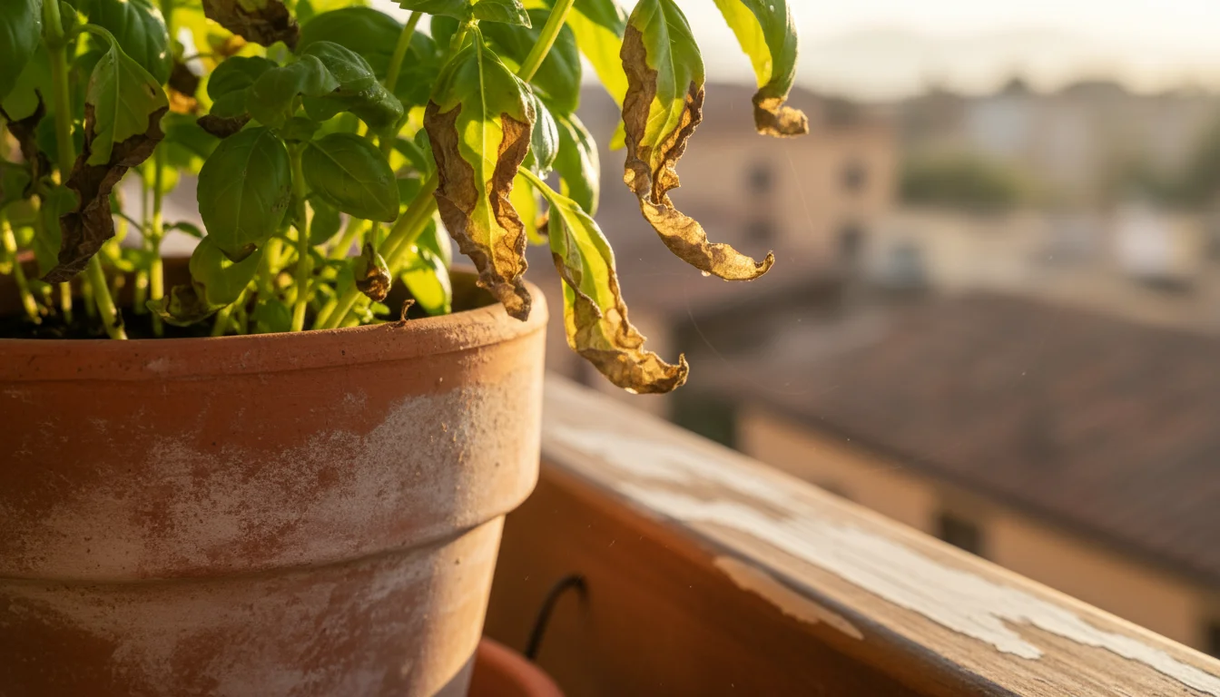 Close-up of a basil plant in a terracotta pot on a balcony, showing crispy, brown, and dry leaves from environmental stress.