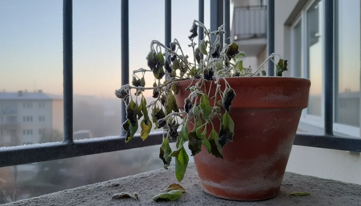 Close-up of a basil plant in a terracotta pot on a balcony, its green leaves wilted and darkened from frost damage.