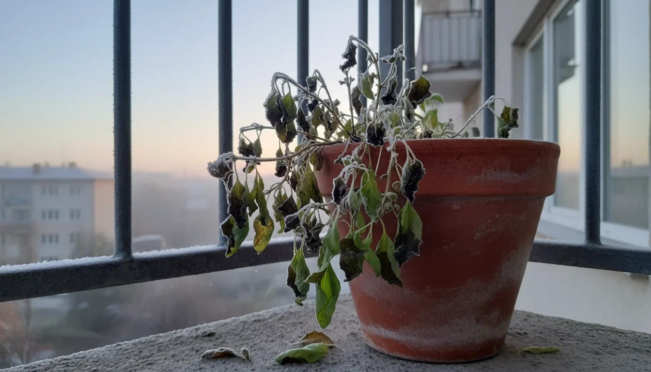 Close-up of a basil plant in a terracotta pot on a balcony, its green leaves wilted and darkened from frost damage.