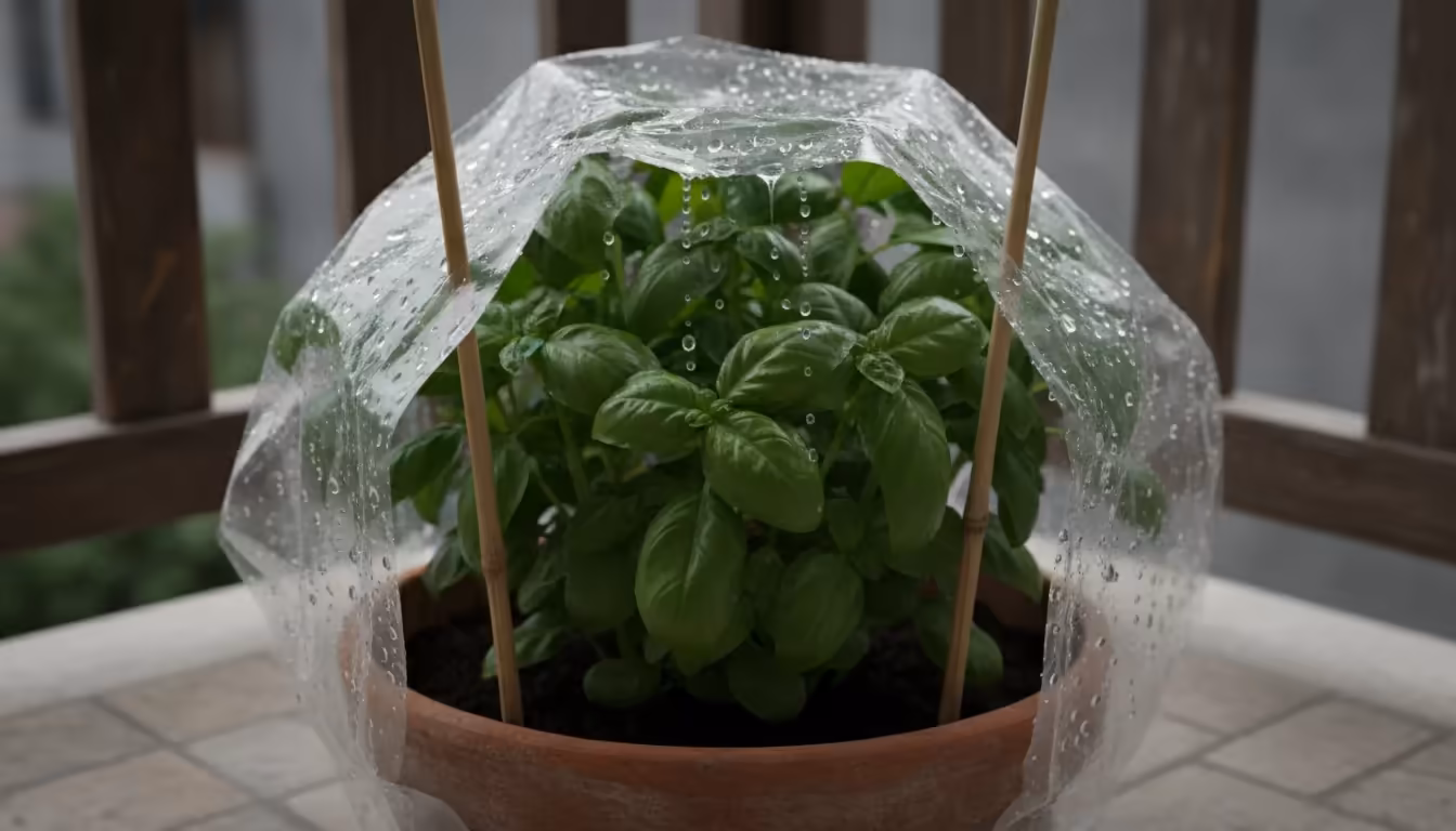 Close-up of a basil plant in a terracotta pot covered by a clear plastic bag held up by bamboo stakes, showing internal condensation on a shaded balco