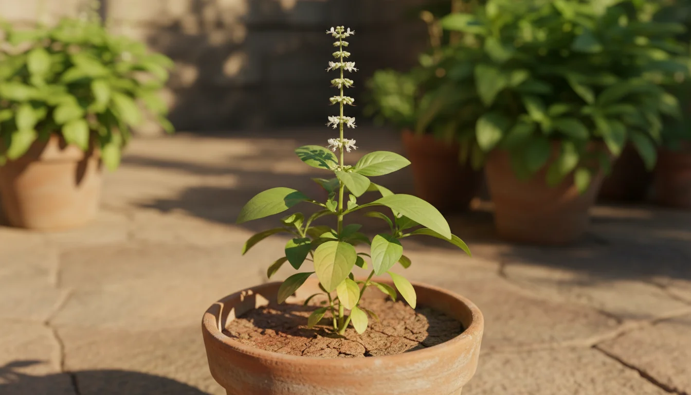 A basil plant in a terracotta pot on a sunny patio, with a prominent flower stalk, indicating it is bolting due to summer stress.
