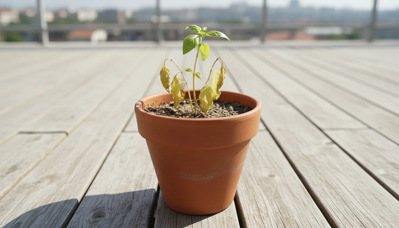 Close-up of a basil plant in a terracotta pot with yellowed leaves, crispy brown edges, and stunted growth, indicative of fertilizer burn.