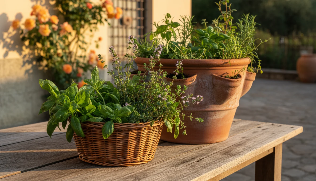 A basket overflowing with freshly harvested basil, oregano, and thyme sits on a patio table next to a thriving herb pot in warm evening light.