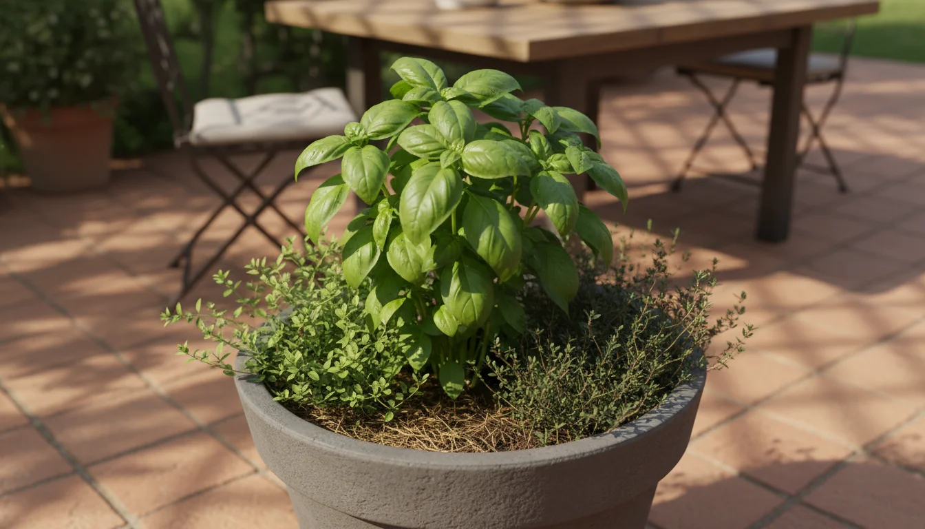 Close-up of a beautiful matte grey pot filled with vibrant basil, trailing oregano, and delicate thyme thriving together on a sunny patio.