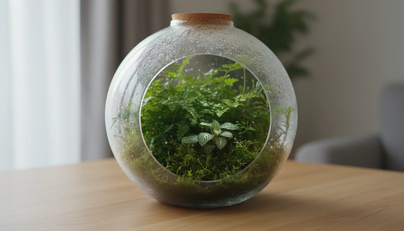 A beautiful, thriving closed glass terrarium on a light wooden table, filled with green mosses, small ferns, and other miniature plants. Condensation 