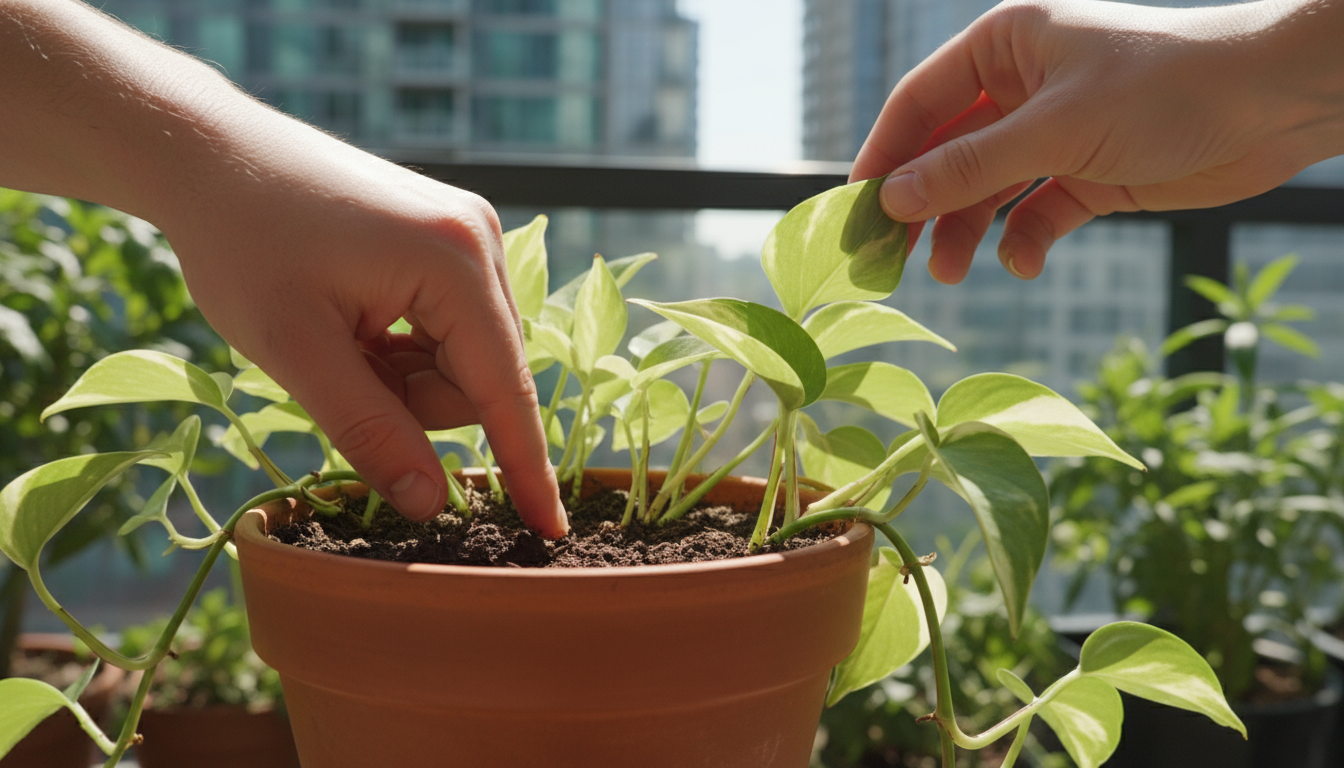 Collection of thriving houseplants including a Peace Lily, African Violet, Pothos, and Boston Fern, all in stylish self-watering pots on a bright, min
