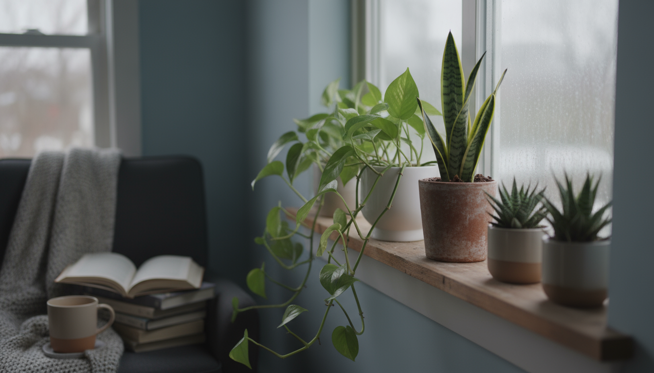 Organized small patio table with various fertilizers: liquid concentrate, slow-release granules, worm castings, next to a watering can and potted plan