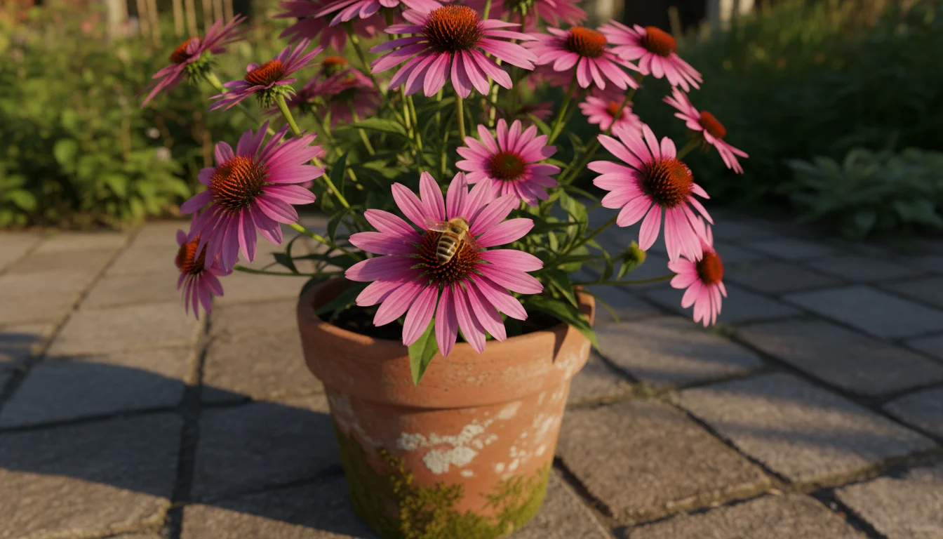 A bee gathers pollen from a purple coneflower in a terracotta pot on a sunny patio, with blurred green plants in the background.