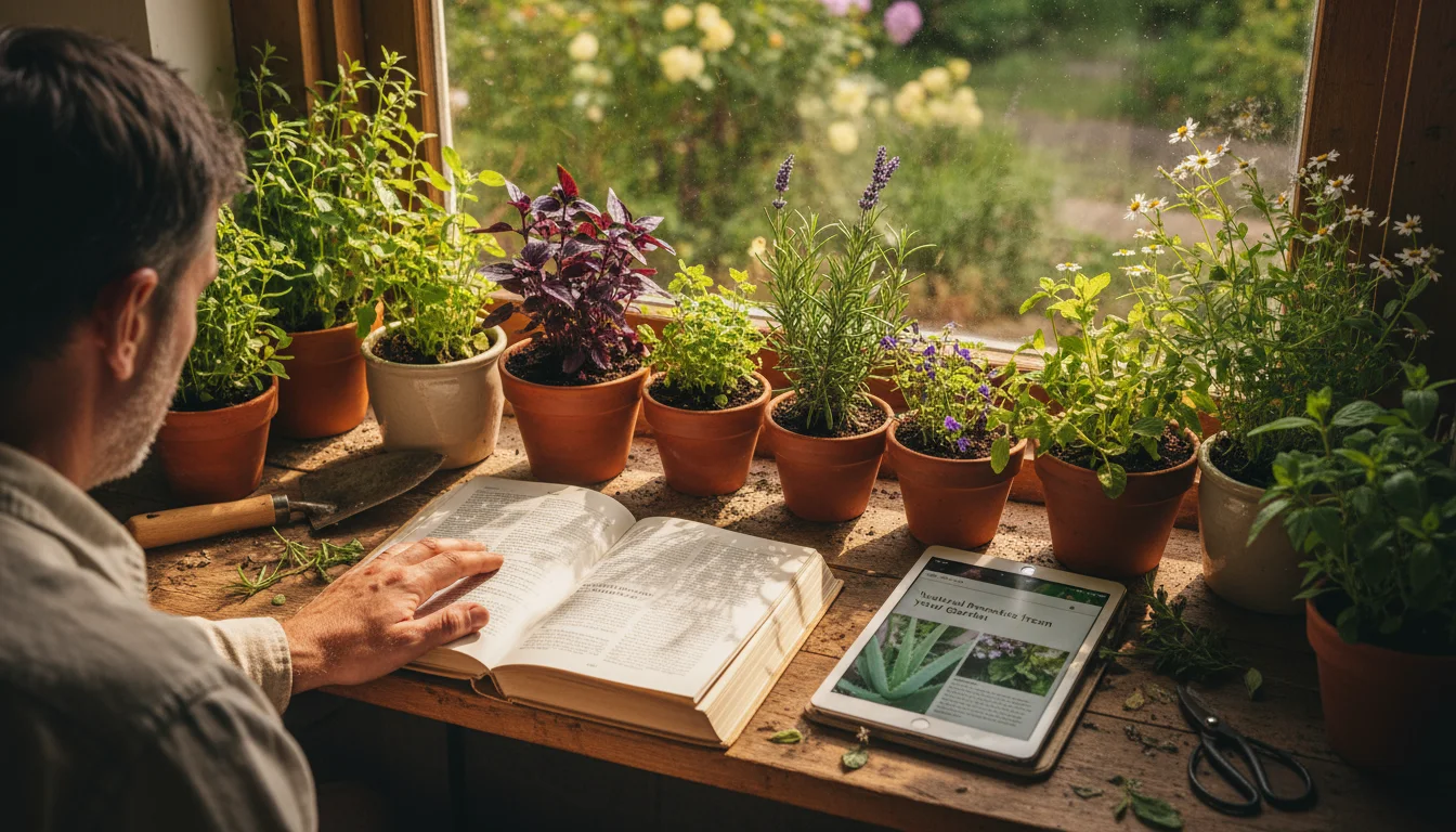 View from behind a person looking at potted herbs on a windowsill with an open gardening book.