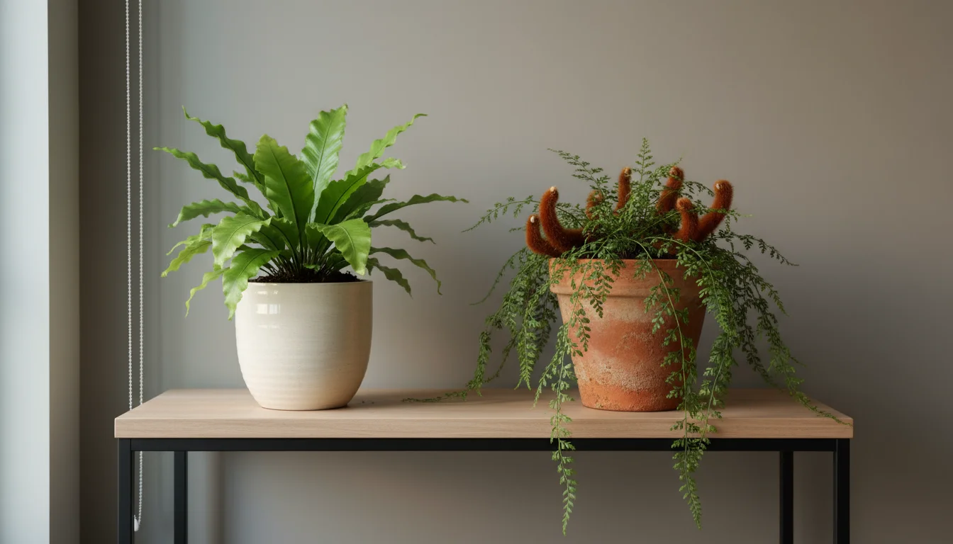 A Bird's Nest fern in a ceramic pot and a Rabbit's Foot fern in terracotta, both on a minimalist console table bathed in soft light.