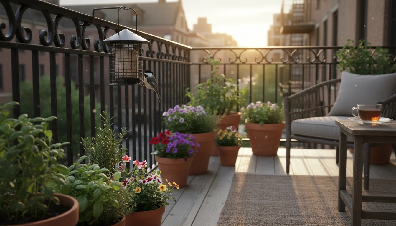 A black-capped chickadee feeds upside down from a metal suet feeder on a balcony railing, while a starling watches nearby.