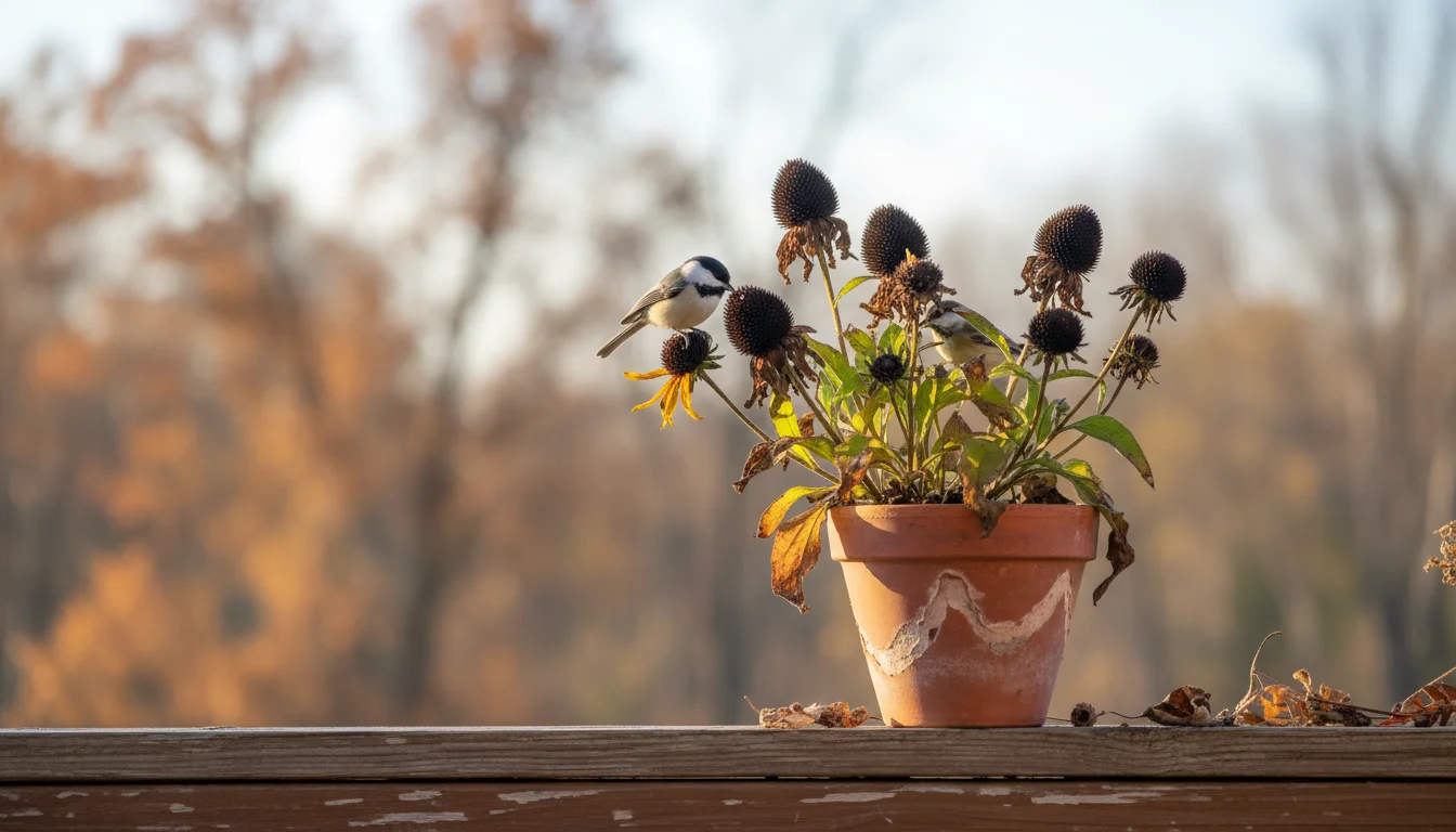 Black-Eyed Susan plant in a terracotta pot on a balcony railing, with faded petals and dark seed heads, a chickadee pecking seeds.